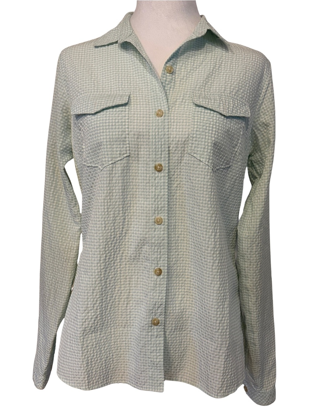 Eddie Bauer Women’s S Mint Green Gingham Long Sleeve Button-Up with Mesh Sides